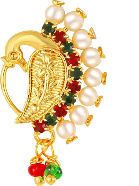 VIVASTRI Gold Plated Artificial Stones Studded And Beaded Nath Nose Pin