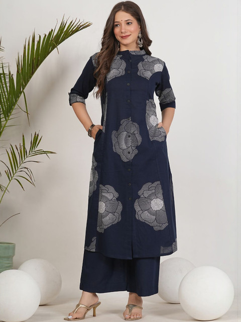 Amayra Floral Printed Mandarin Collar Pure Cotton Straight Kurta With Palazzos