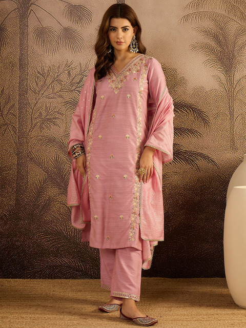 Sangria Women Ethnic Motifs Embroidered Regular Sequinned Kurta with Trousers & Dupatta - Image 7