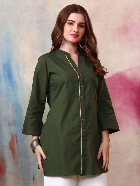 Tissu Women Pure Cotton Mandarin Collar Lace Work Tunic Kurti