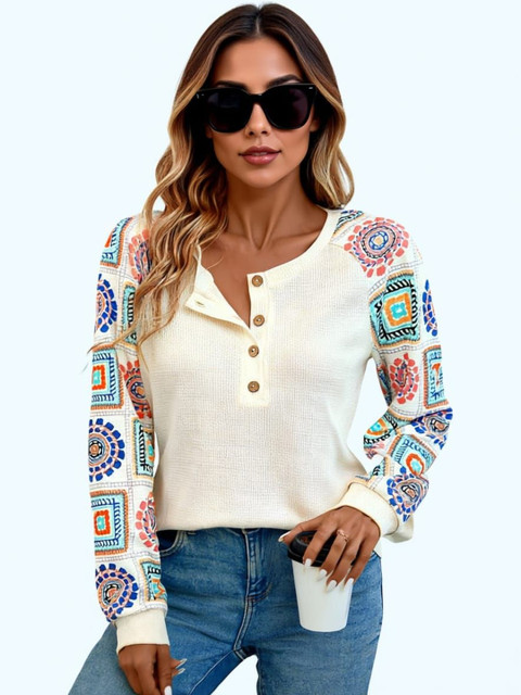 HERE&NOW Women Printed Henley Neck T-shirt