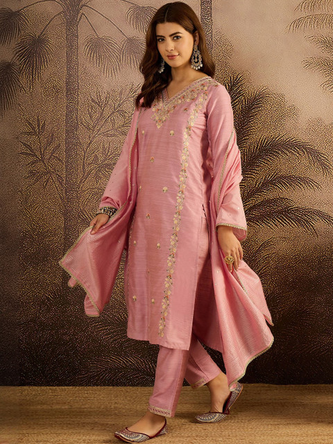 Sangria Women Ethnic Motifs Embroidered Regular Sequinned Kurta with Trousers & Dupatta - Image 3