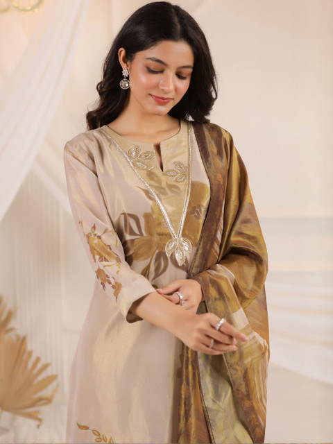 Sangria Floral Printed Notch Neck Sequinned Tissue Kurta With Trousers & Dupatta