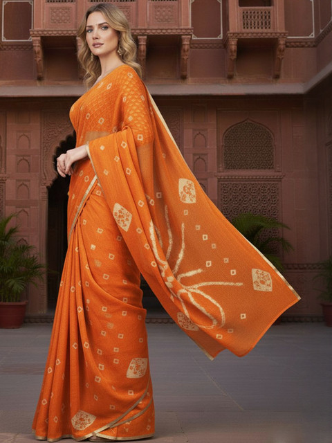 CLAFOUTIS Bandhani Dyed Woven Design Pure Chiffon Bandhani Saree