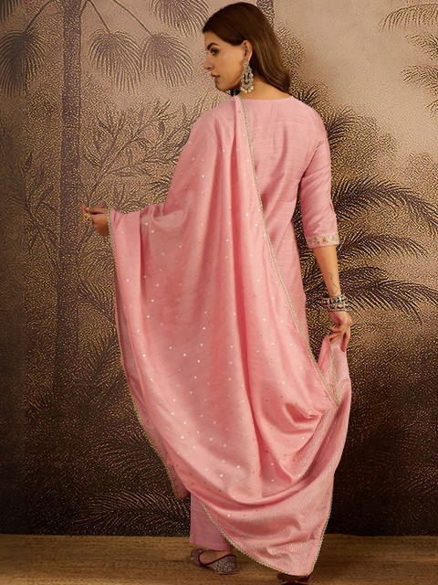Sangria Women Ethnic Motifs Embroidered Regular Sequinned Kurta with Trousers & Dupatta - Image 6