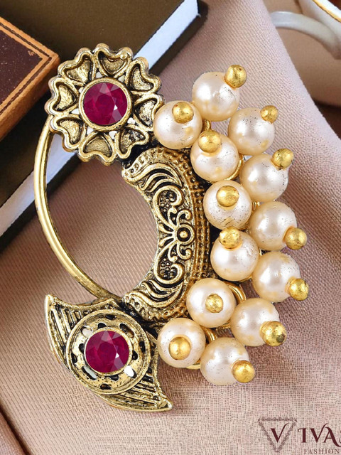 VIVASTRI Gold Plated Cubic Zirconia Studded Nath Nose Pins