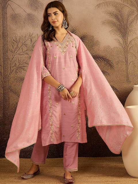 Sangria Women Ethnic Motifs Embroidered Regular Sequinned Kurta with Trousers & Dupatta - Image 4