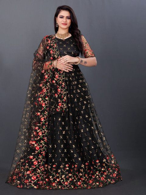 JULEE Embroidered Net Semi-Stitched Lehenga & Unstitched Blouse With Dupatta