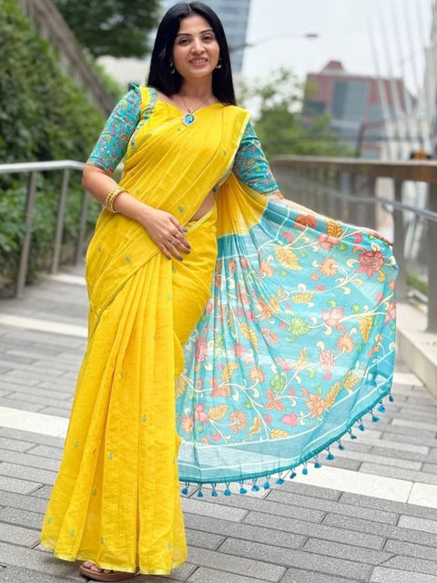 Moda Rapido Floral Woven Design Pure Linen Saree