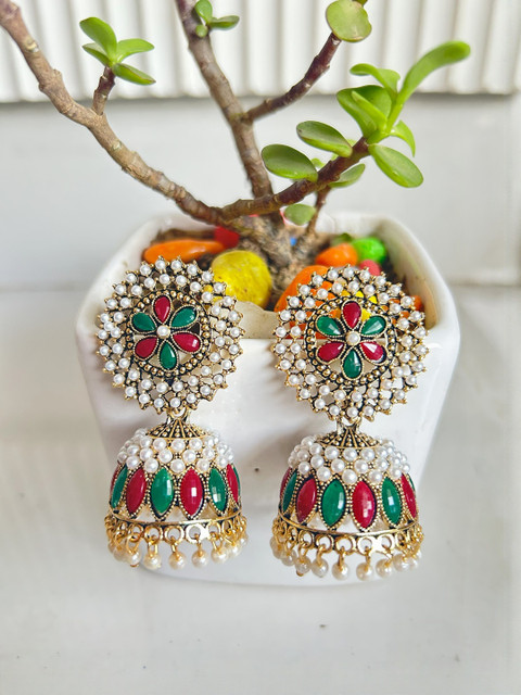 House of Nimriti Brass-Plated Artificial Stones & Beads Dome Shaped Jhumkas