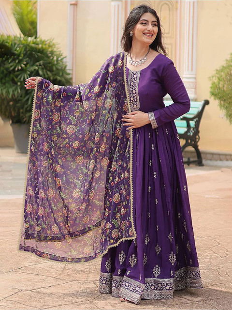 Siya Fashion Floral Embroidered Fit And Flare Georgette Maxi Ethnic Dress With Dupatta