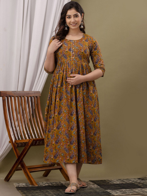 FACON GRAVIDA Women Maternity Ethnic Motifs Print Pleated Detail Fit and Flare Maxi Dress