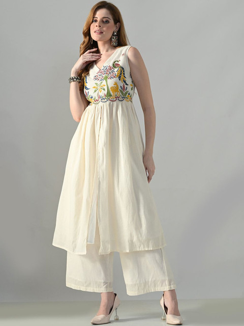 KALINI Women Ethnic Motifs Embroidered Empire Thread Work Pure Cotton Kurta with Palazzos