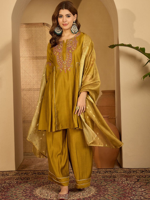 Sangria Women Olive Embroidered Kurta Sets With Dupatta