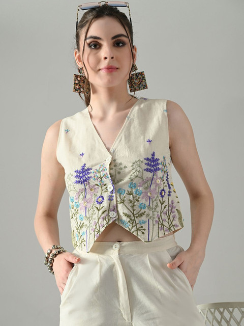 KALINI Women Floral Embroidered V Neck Cotton Waistcoat