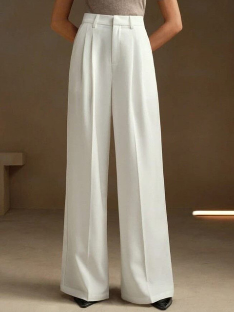 BROADSTAR Women Smart Loose Fit High-Rise Easy Wash Pleated Trousers