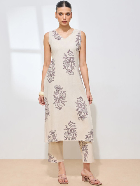 KALINI Women Maroon Floral Printed Cotton Kurta & Pants Co-Ord Set