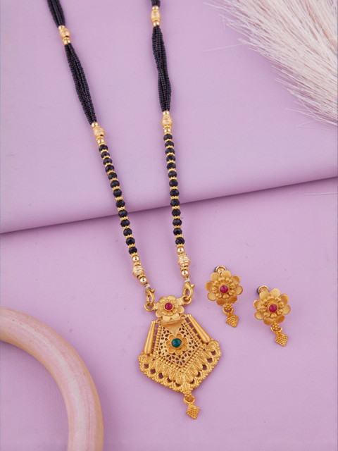 Bhanu diam Set Of 2 Gold-Plated Stones Studded & Beaded Mangalsutra With Earrings - Image 2