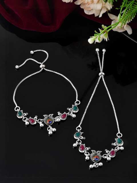 Jewels Nest Stainless Steel Silver-Plated Stones Studded & Ghungroo Beaded Anklets