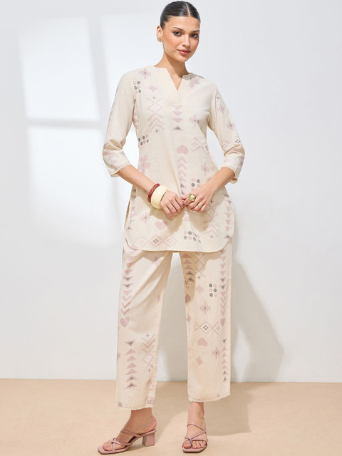 KALINI Women Pink Geometric Printed Pure Cotton Ethnic Co-ord Set