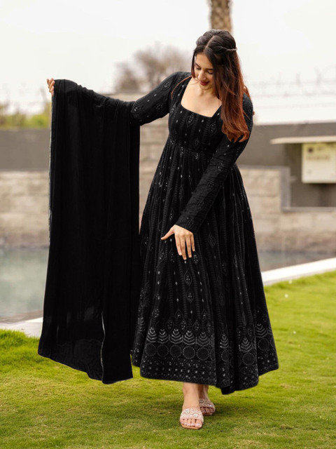 Siya Fashion Floral Embroidered Georgette Fit & Flare Maxi Ethnic Dress With Dupatta