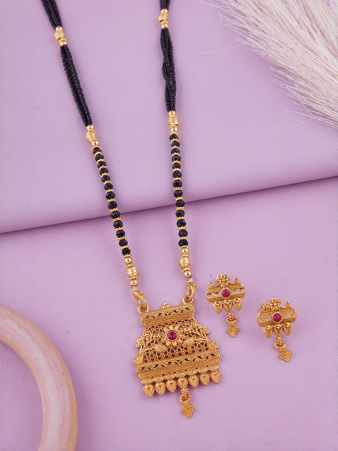 Bhanu diam Set Of 2 Gold-Plated Stones Studded & Beaded Mangalsutra With Earrings