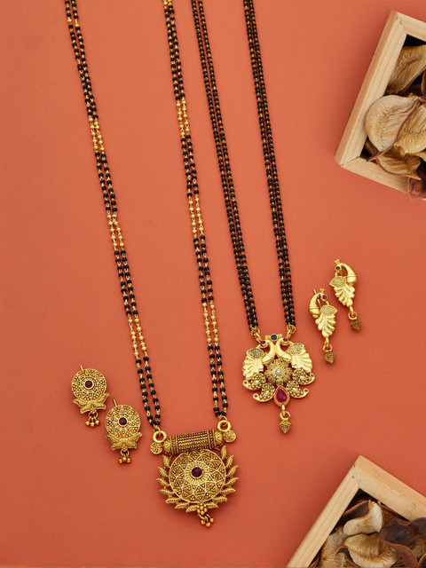 Bhanu diam Set Of 2 Gold-Plated Artificial Beaded Mangalsutra With Earrings