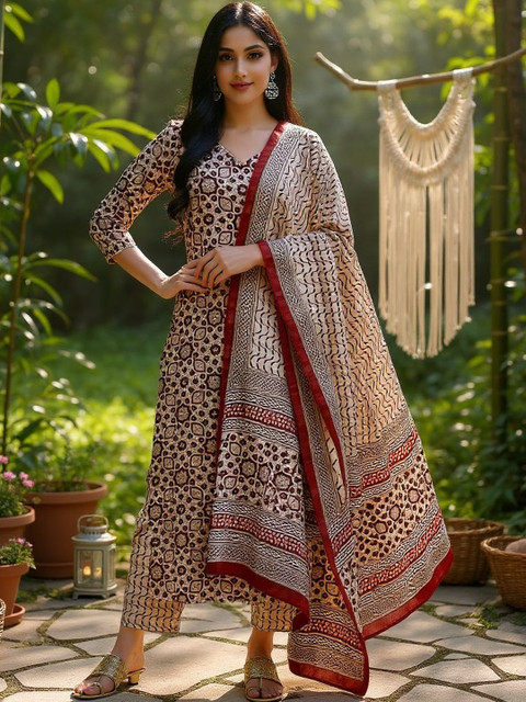 THE FAB FACTORY Ethnic Motifs Printed V-Neck Straight Kurta With Trousers & Dupatta