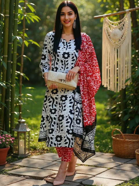 THE FAB FACTORY Women Printed Regular Kurta with Trousers & Dupatta