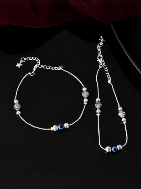 Jewels Nest Stainless Steel Silver-Plated Artificial Beaded Evil Eye Anklets