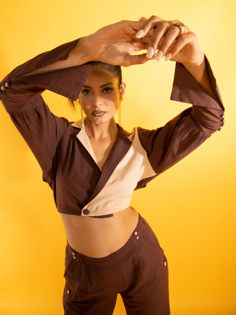 LOVEPRASHA Colourblocked Cotton Single Breasted Blazer