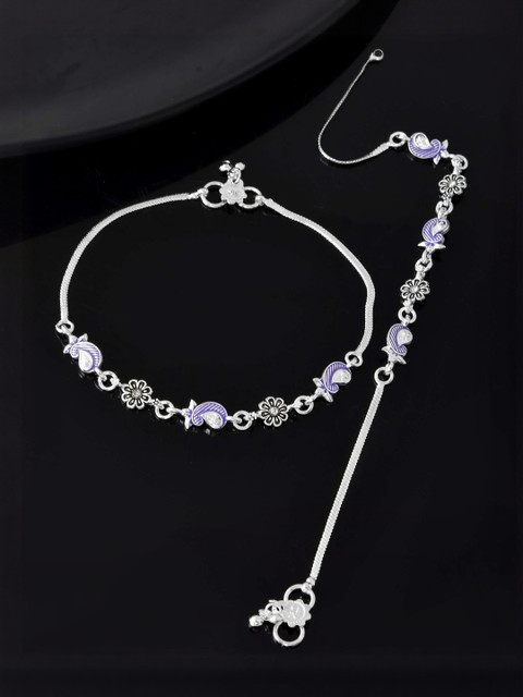 Jewels Nest Stainless Steel Silver-Plated Stones Studded & Ghungroo Beaded Anklets