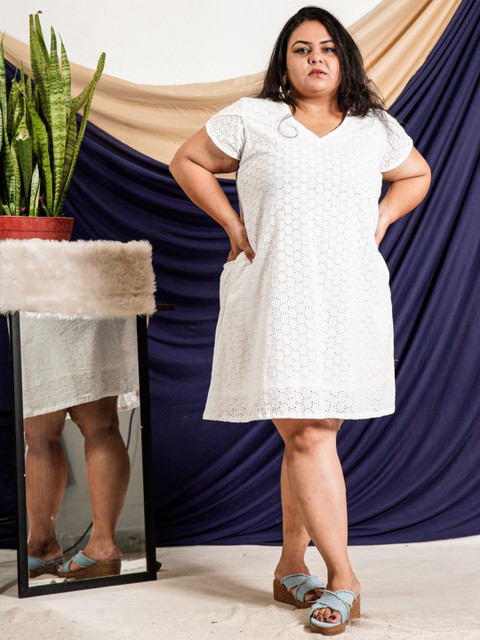 One House Plus Size Self Design Cutwork Cap Sleeves A-Line Cotton Dress