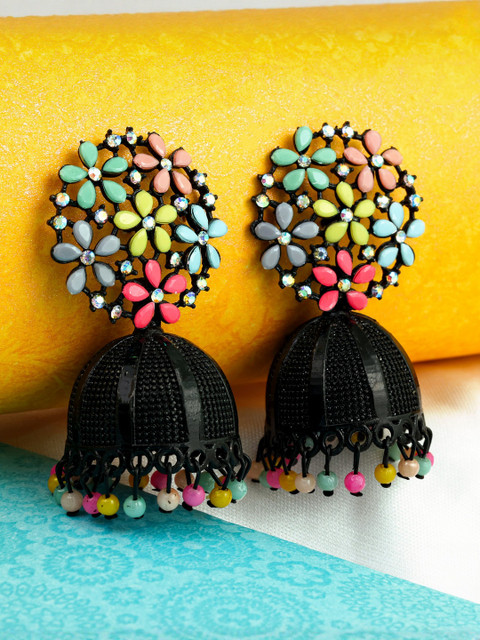 Thrillz Silver-Plated Artificial Stones Studded & Beaded Dome Shaped Jhumkas