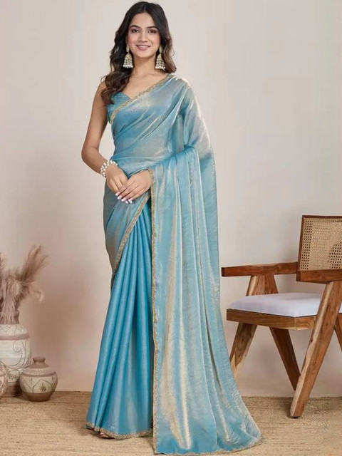 HERE&NOW Solid Beads and Stones Embellished Border Pure Chiffon Saree