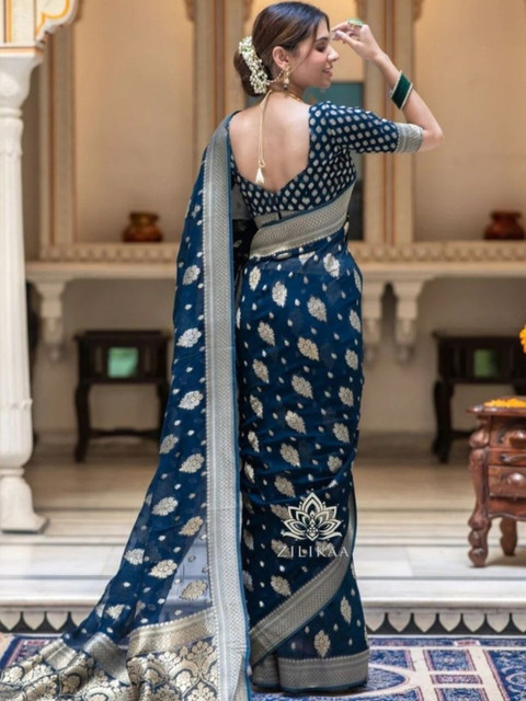 PEACH PIPER Ethnic Motifs Woven Design Zari Banarasi Saree