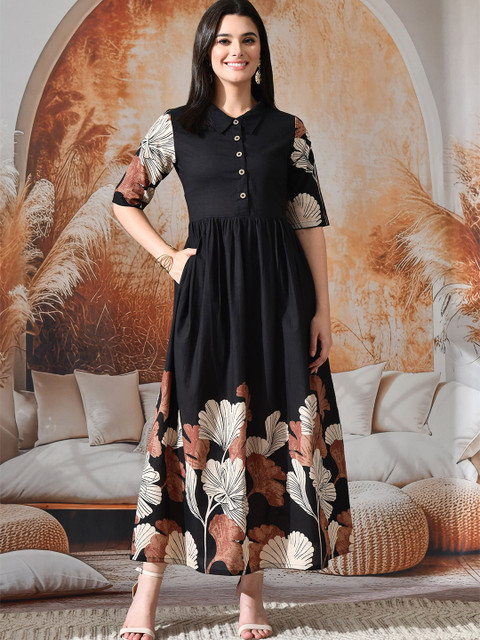 DECKEDUP Floral Printed Shirt Collar Fit & Flare Maxi Dress