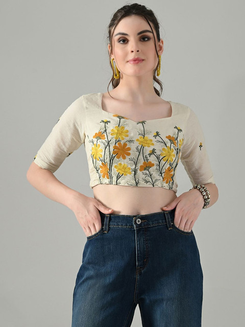 Kalini Women Off White Multicolor Thread Embroidered Saree Blouse