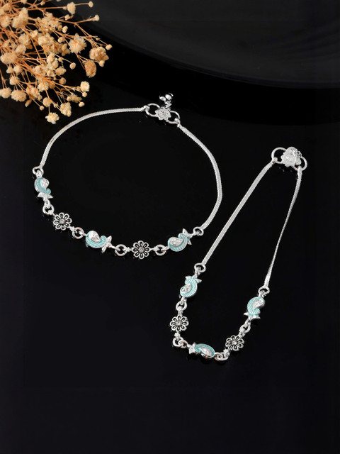 Jewels Nest Stainless Steel Silver-Plated Stones Studded & Ghungroo Beaded Anklets