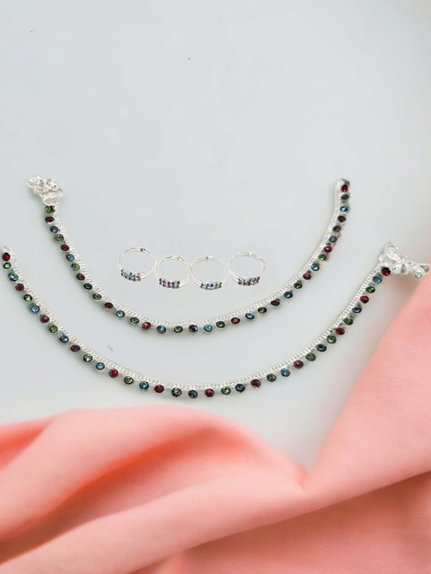 BR Ornaments Women Silver-Plated Artificial Stones Anklets & 4 Pcs Toe Rings