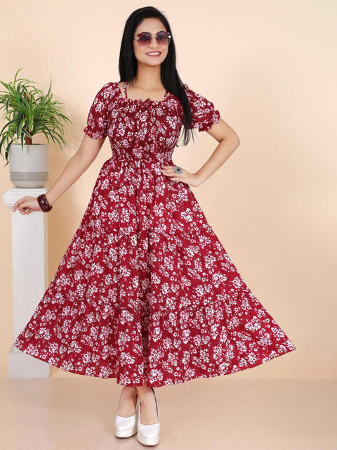 FIXOCRA Women Floral Printed Puff Sleeve Fit-Flare Maxi Dress