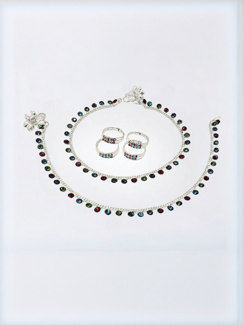 BR Ornaments Silver-Plated Artificial Stones Studded Anklet