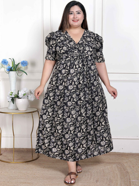 MIRAVAN Women Plus Size Floral Print Puff Sleeve Fit And Flare Maxi Dress