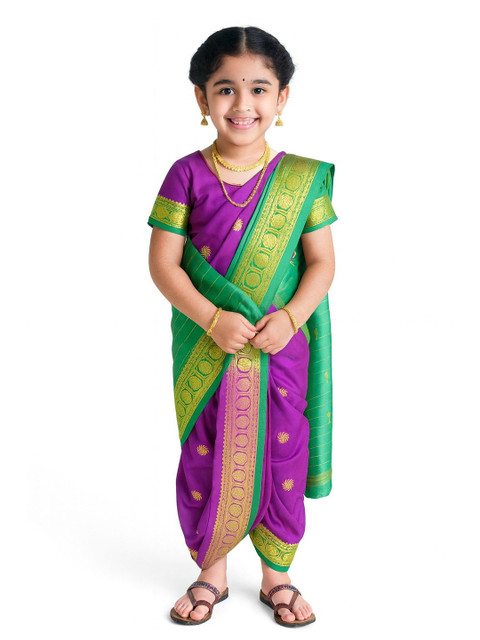 BAESD Girls Ethnic Motifs Zari Woven Design Dhoti Saree With Stitched Blouse
