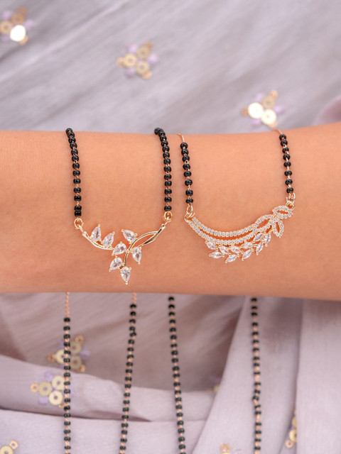 Zeraki Jewels Set Of 2 Gold-Plated Artificial Stones Studded & Beaded Mangalsutra