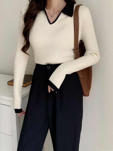 TRAQUILA Women Ribbed Polo Collar Cotton T-Shirt