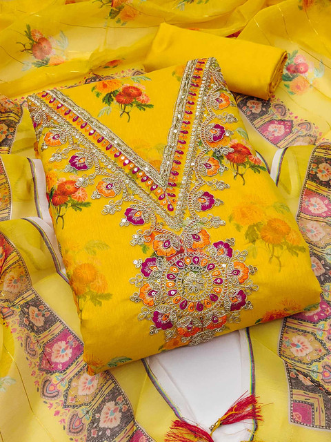 Peachmode Women Yellow Printed Unstitched Dress Material