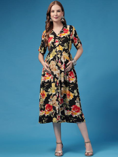 House Of Zelena Printed Maternity Zipless Feeding Dress with Pockets for Pregnancy