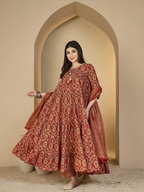 GULMOHAR JAIPUR Women Ethnic Motifs Printed Cotton Kurta Palazzos & Dupatta Kurta Sets