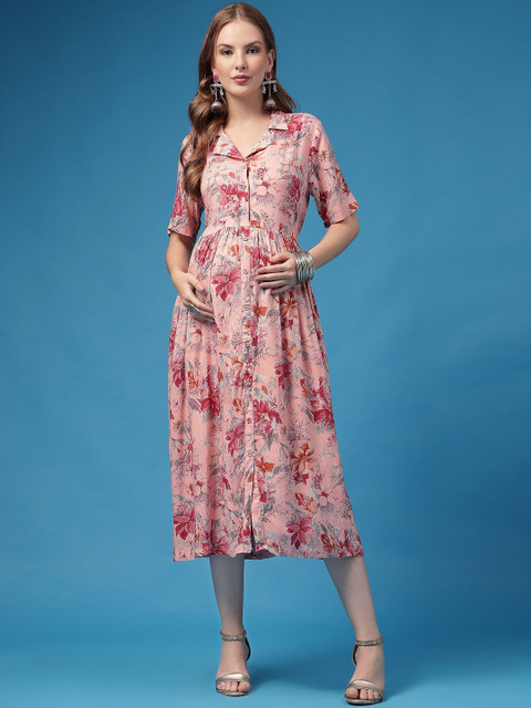 House Of Zelena Printed Rayon Maternity Zipless Feeding Dress with Pockets For Pregnancy